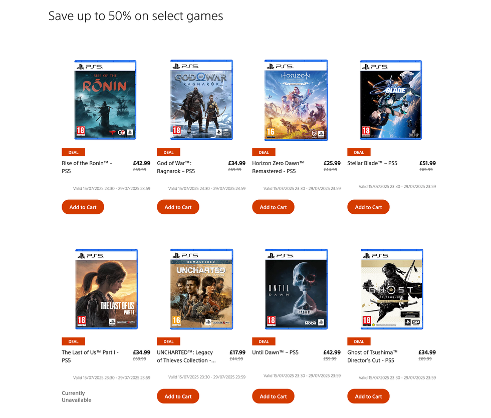 screenshot of games included in the sale on sony direct website for the summer sale