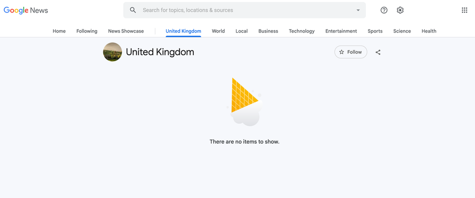screenshot of google news outage showing 'there are no items to show'
