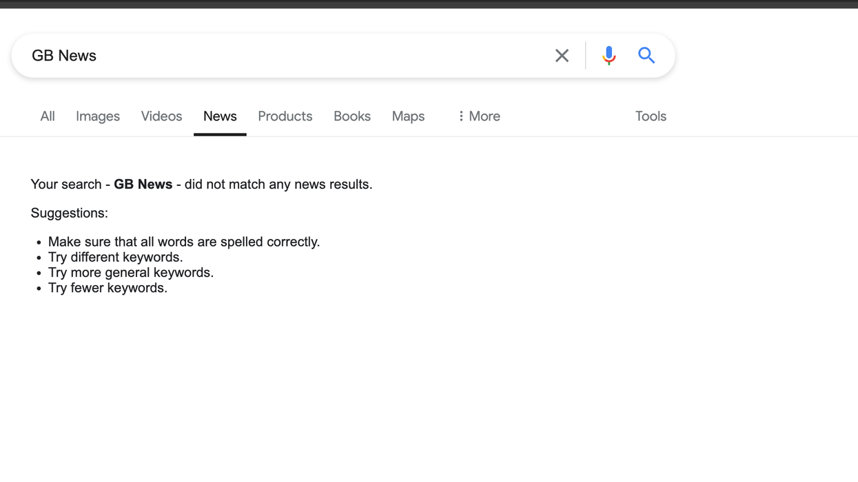 screenshot of google news search returning no results