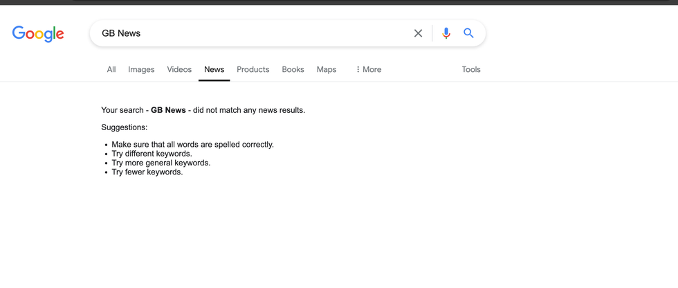 screenshot of google news search returning no results