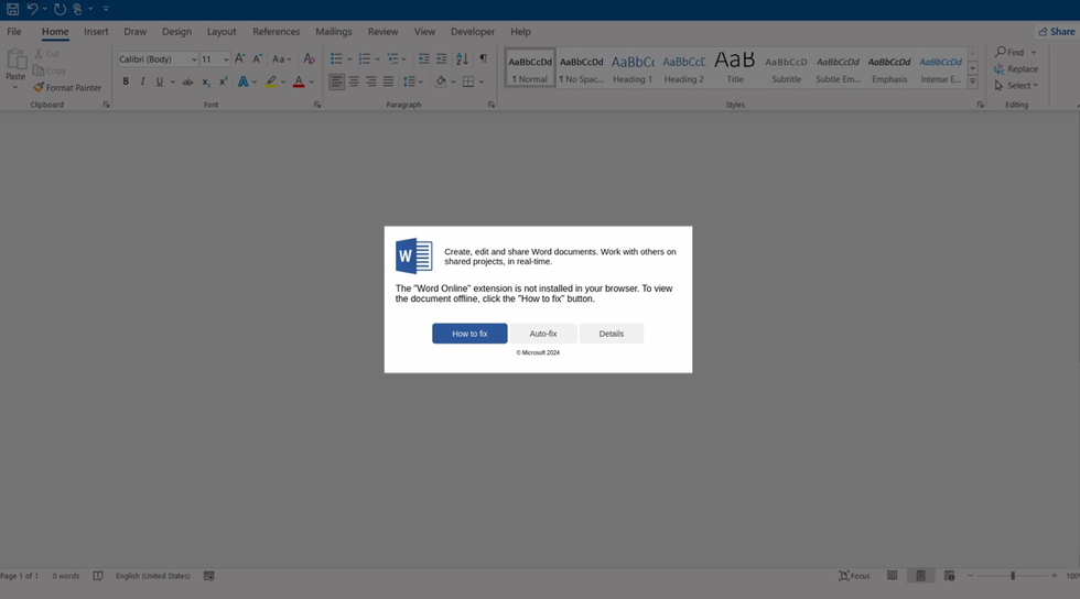 screenshot of microsoft word window with warning pop-up with fake instructions to install malware