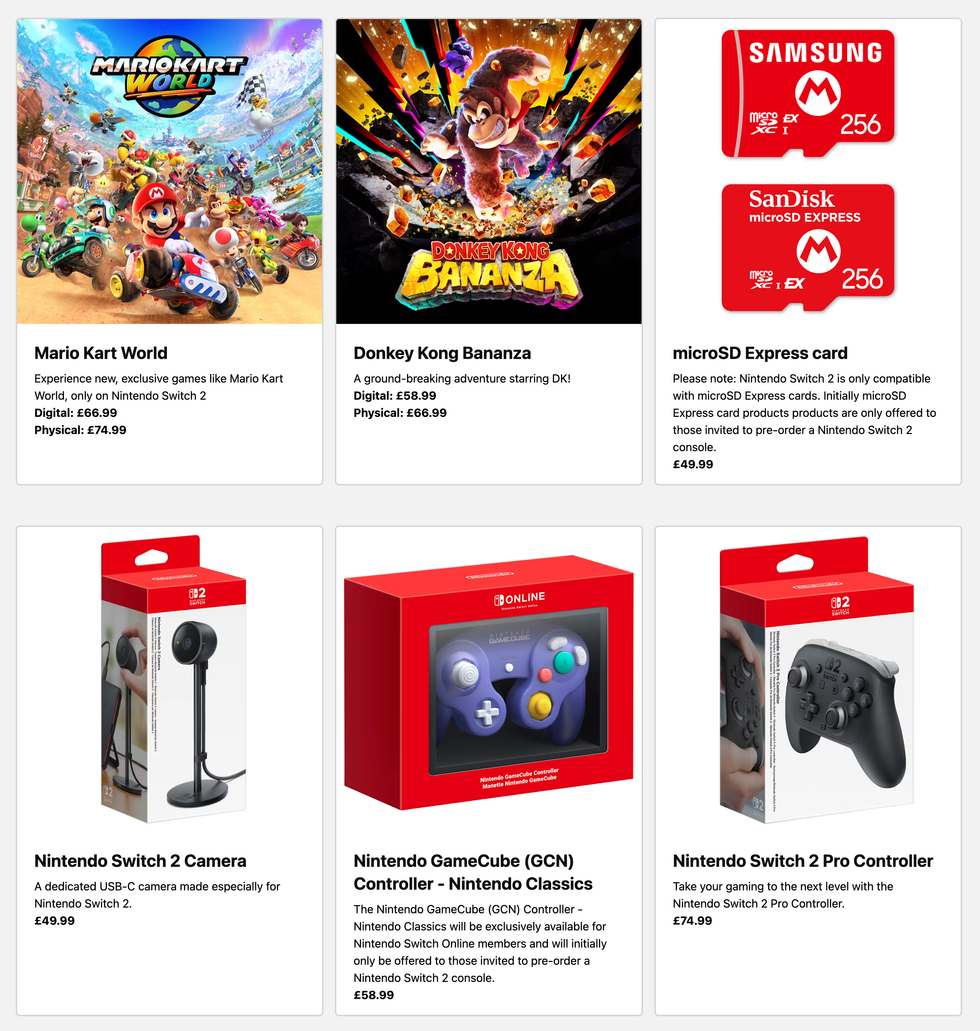 screenshot of my nintendo store listings showing the controllers and accessories available