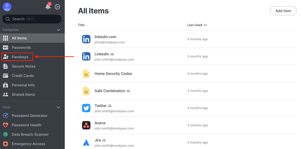 screenshot of nordpass with passkeys categories secured