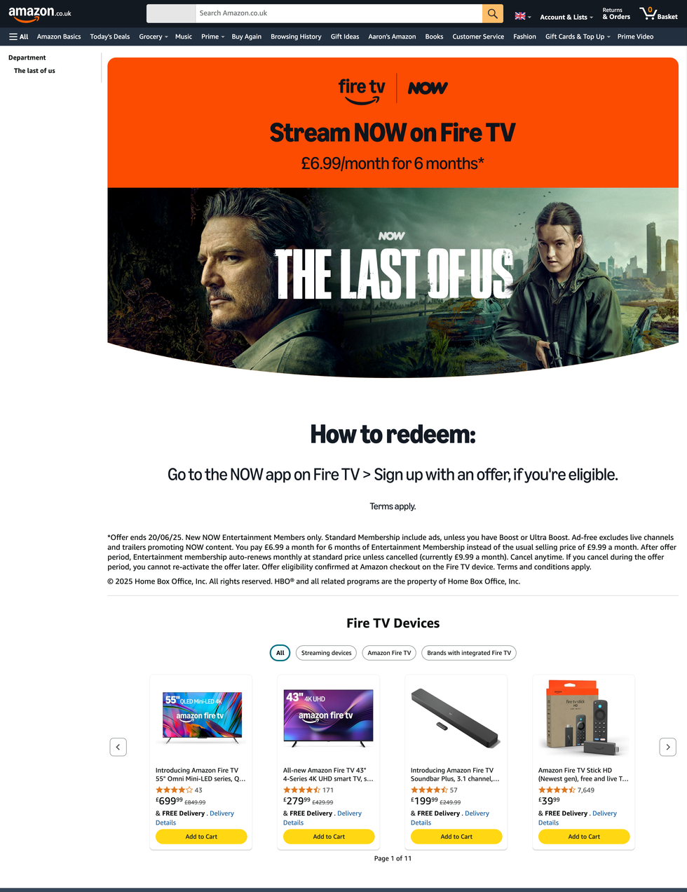 screenshot of NOW entertainment offer shown on the Fire TV listing