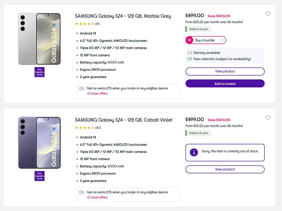screenshot of samsung phones listings on currys showing a number of models out of stock