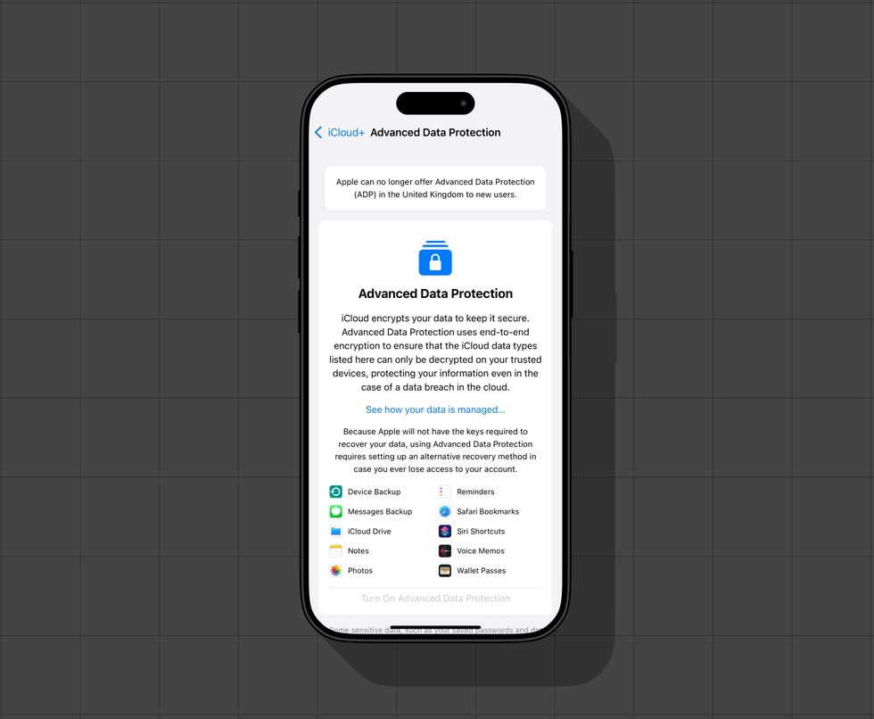 screenshot of the Advanced Data Protection menu in iPhone