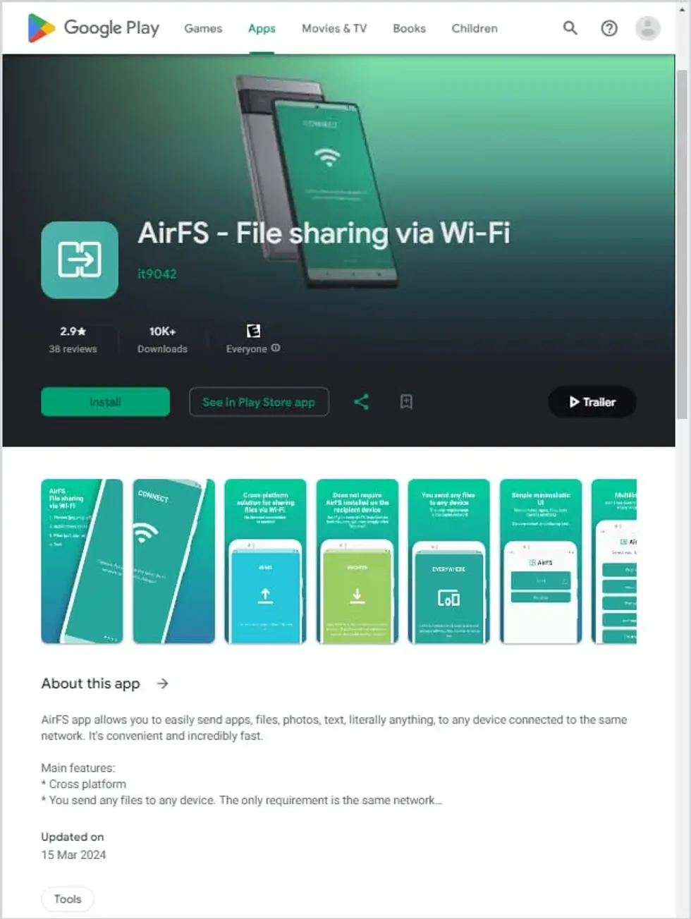 screenshot of the AirFS app in the google play store
