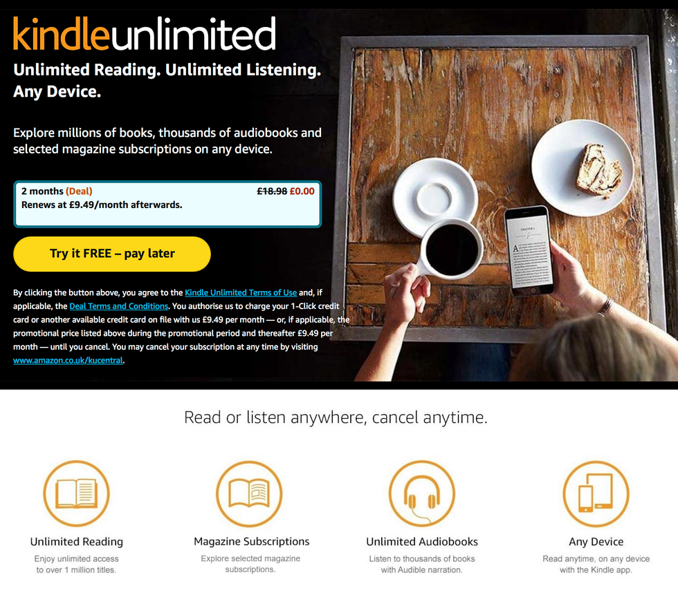 screenshot of the amazon kindle unlimited subscription showing the free two month deal