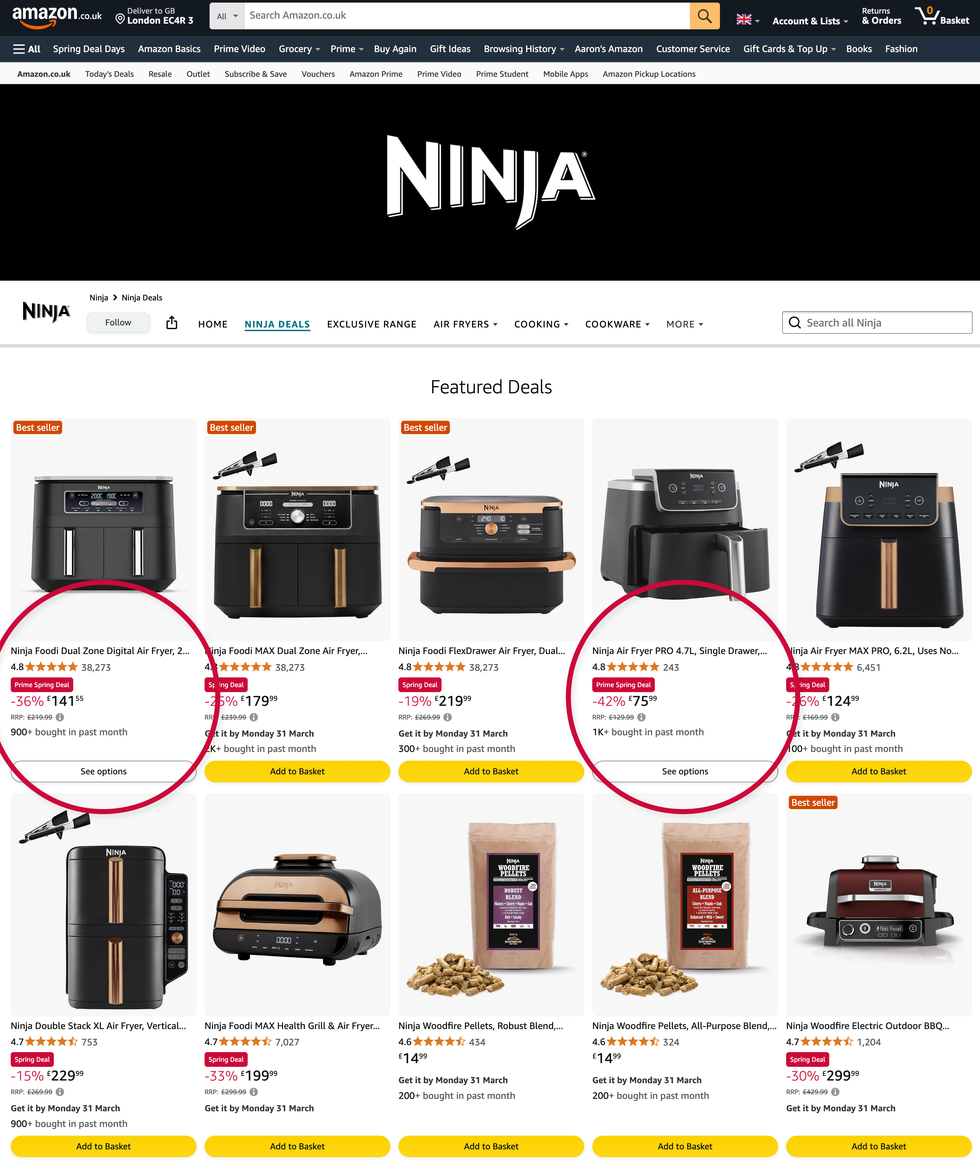 screenshot of the amazon store with ninja air fryers sold out
