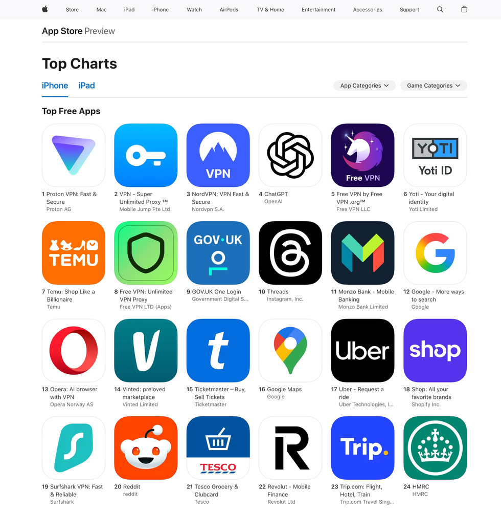 Snímek hodnocení Apple App Store ukazující počet dostupných VPN