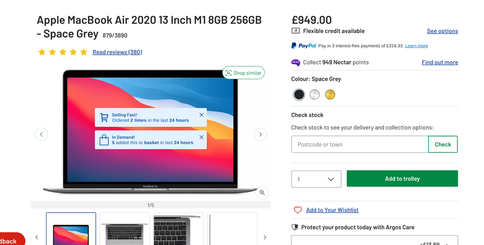 screenshot of the argos website with macbook air listing