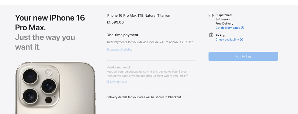 screenshot of the checkout page on apple store with delivery estimate in UK for iPhone 16 pro max