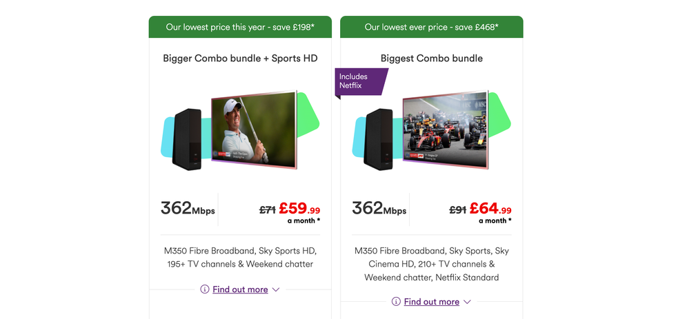 screenshot of the checkout page on the virgin media website with the low price