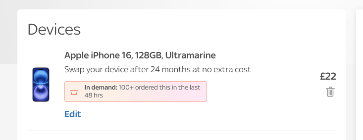 screenshot of the checkout process when buying iPhone 16 from Sky Mobile