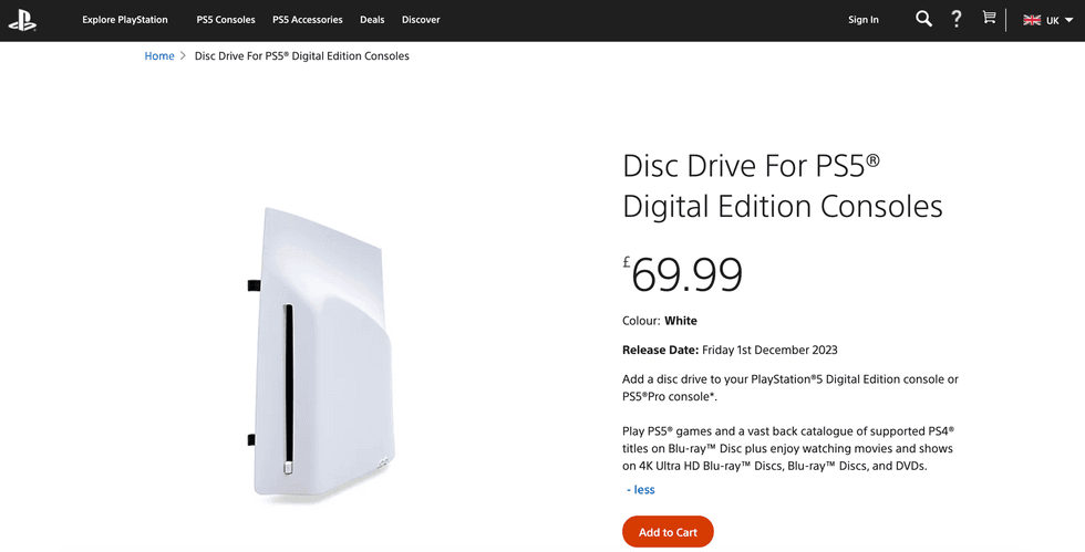 screenshot of the Disc Drive for PS5 in the Sony Store