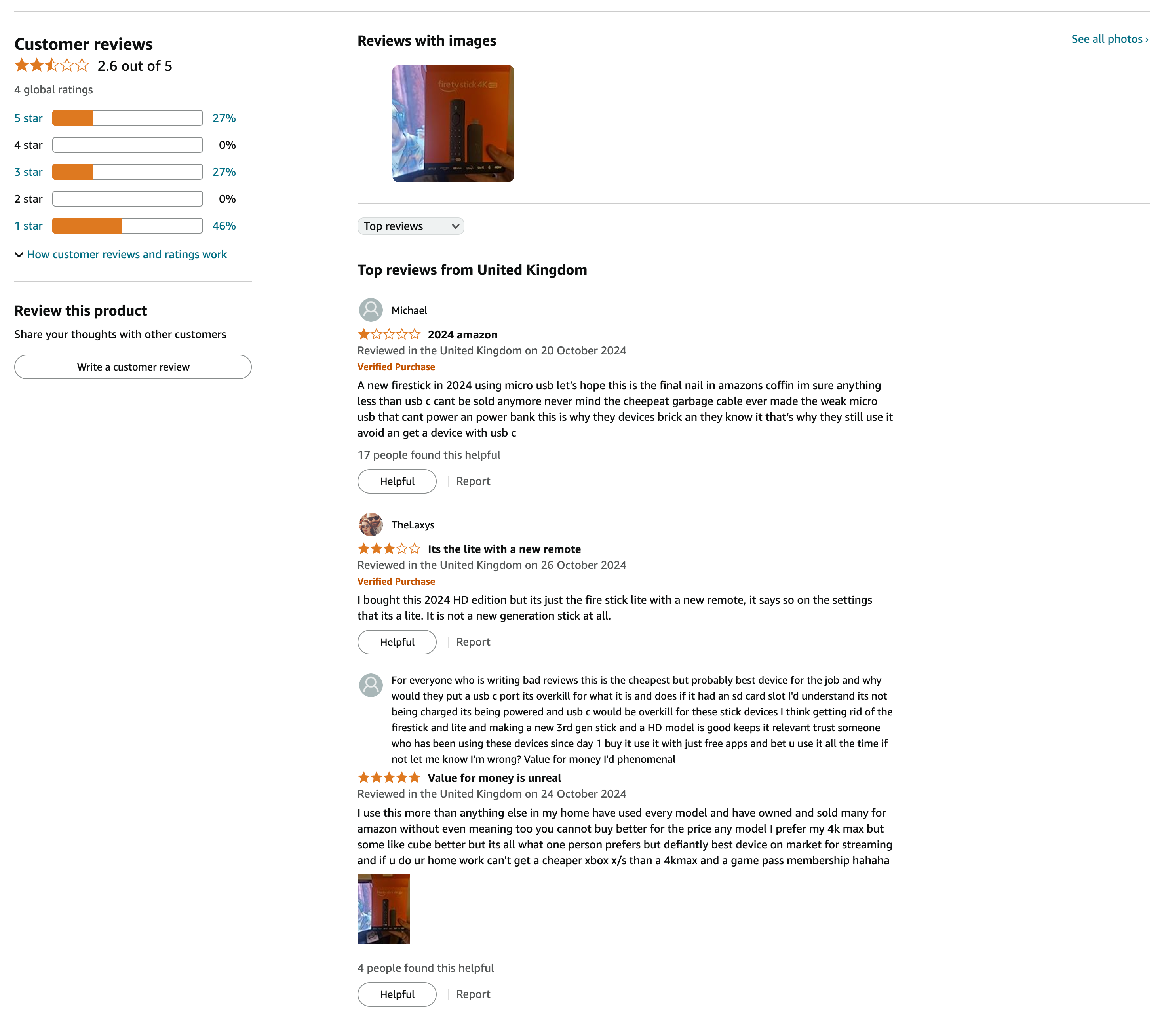 screenshot of the first reviews on the fire tv stick HD in the UK
