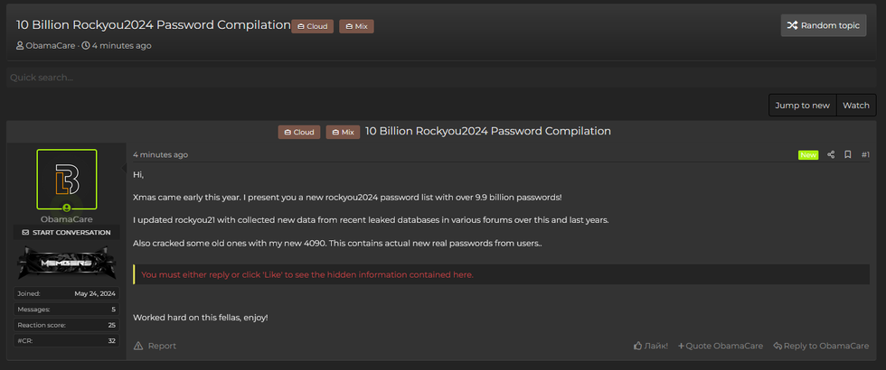 screenshot of the forum where user ObamaCare shared the text file with leaked passwords