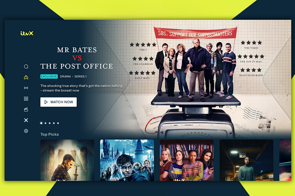 screenshot of the itvx app running on apple tv with the mr bates vs the post office series shown at the top of the interface  