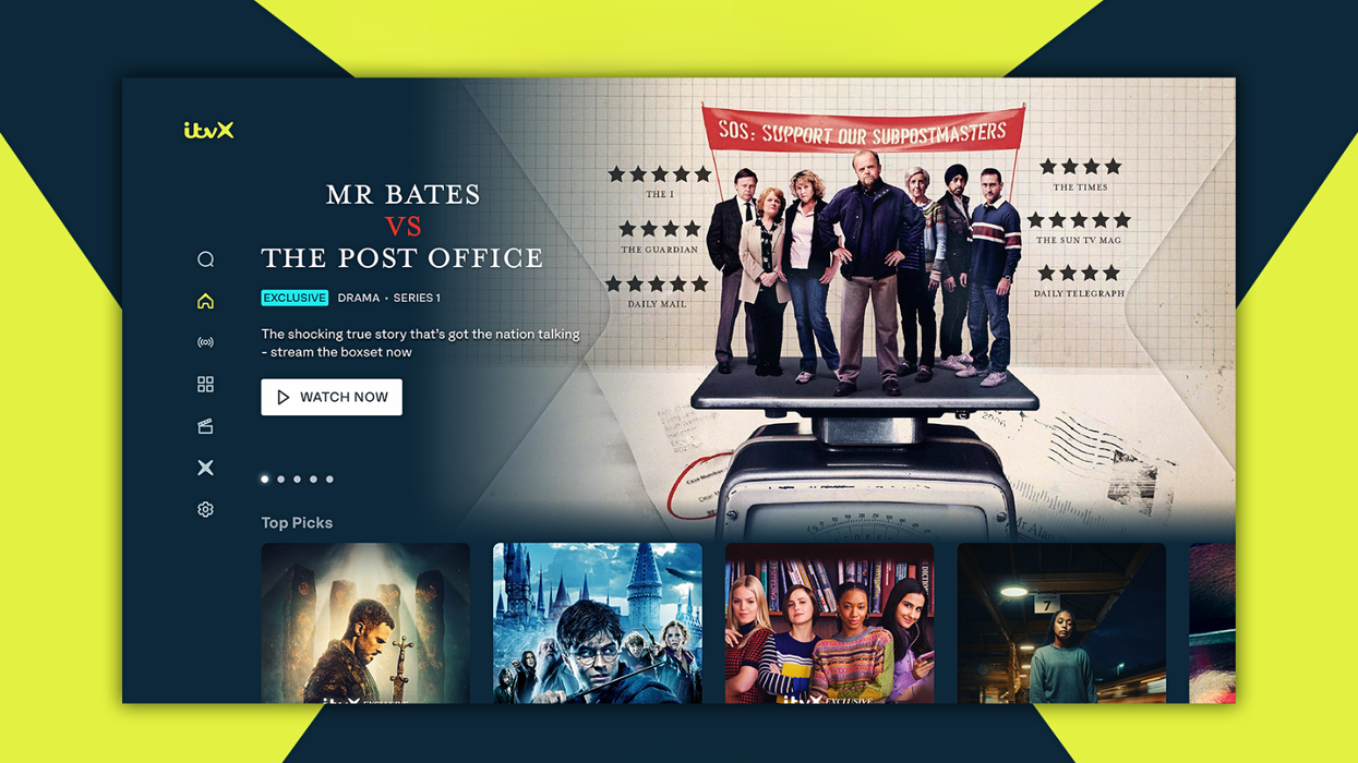 screenshot of the itvx app running on apple tv with the mr bates vs the post office series shown at the top of the interface