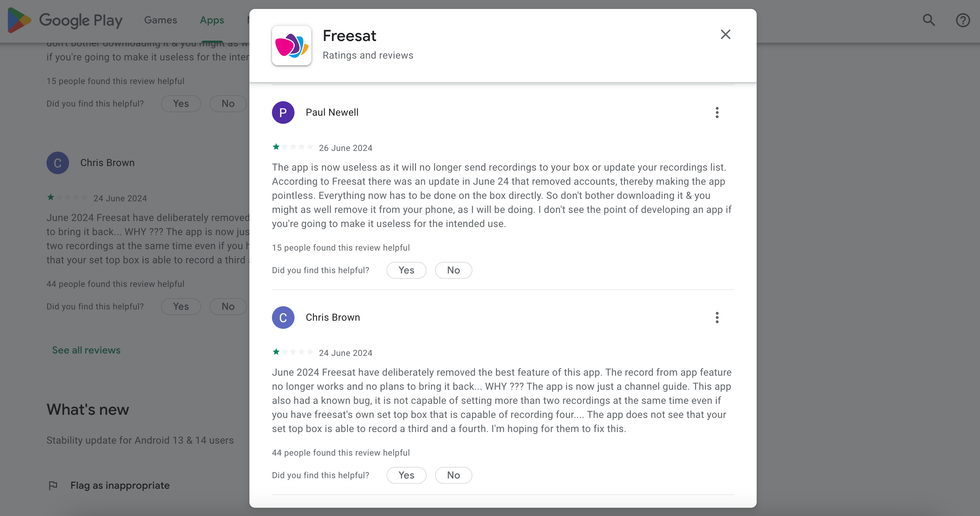 screenshot of the latest reviews on the freesat mobile app on google play store