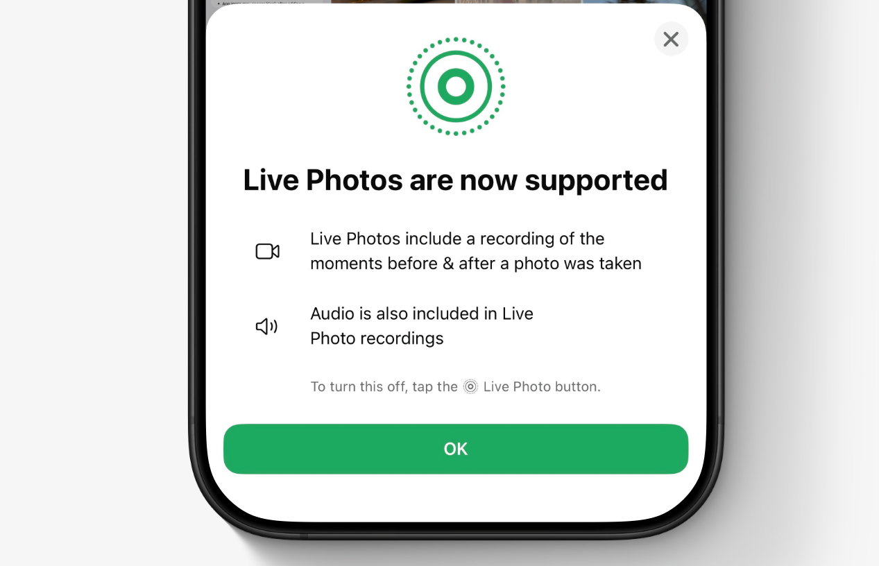 screenshot of the message alerting you to the fact that Live Photo support is here