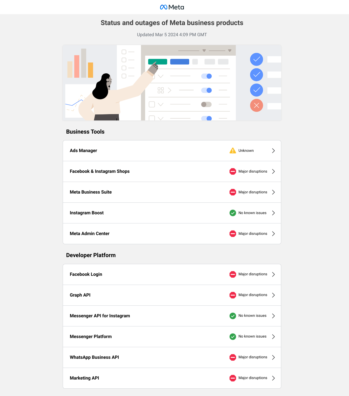 screenshot of the meta business dashboard showing some issues with its services