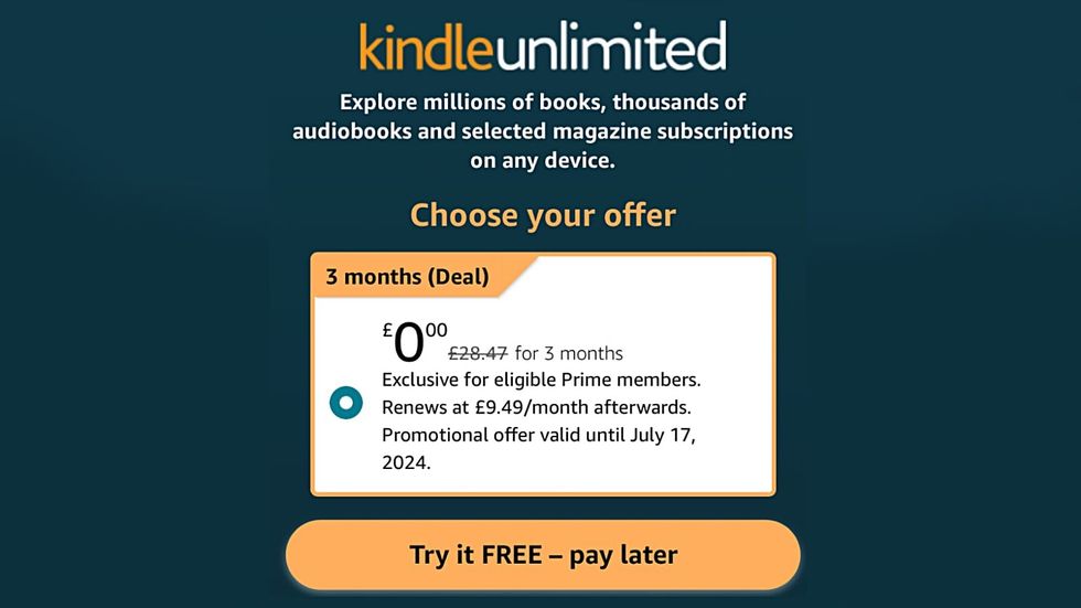 screenshot of the offer page to subscribe to kindle unlimited without paying