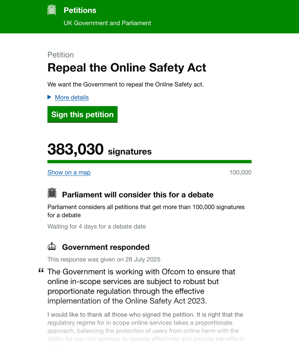 screenshot of the Petition Parliament website