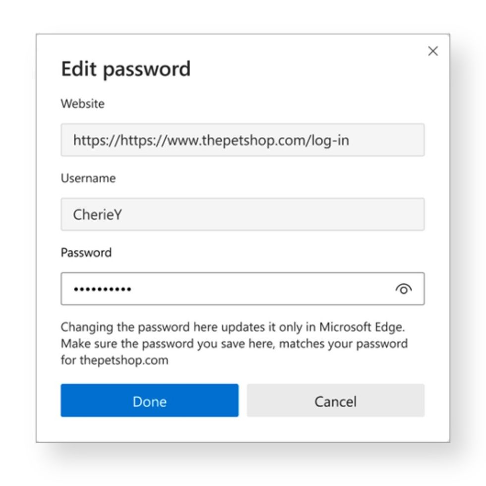 screenshot of the pop-up window to edit a saved password in microsoft edge