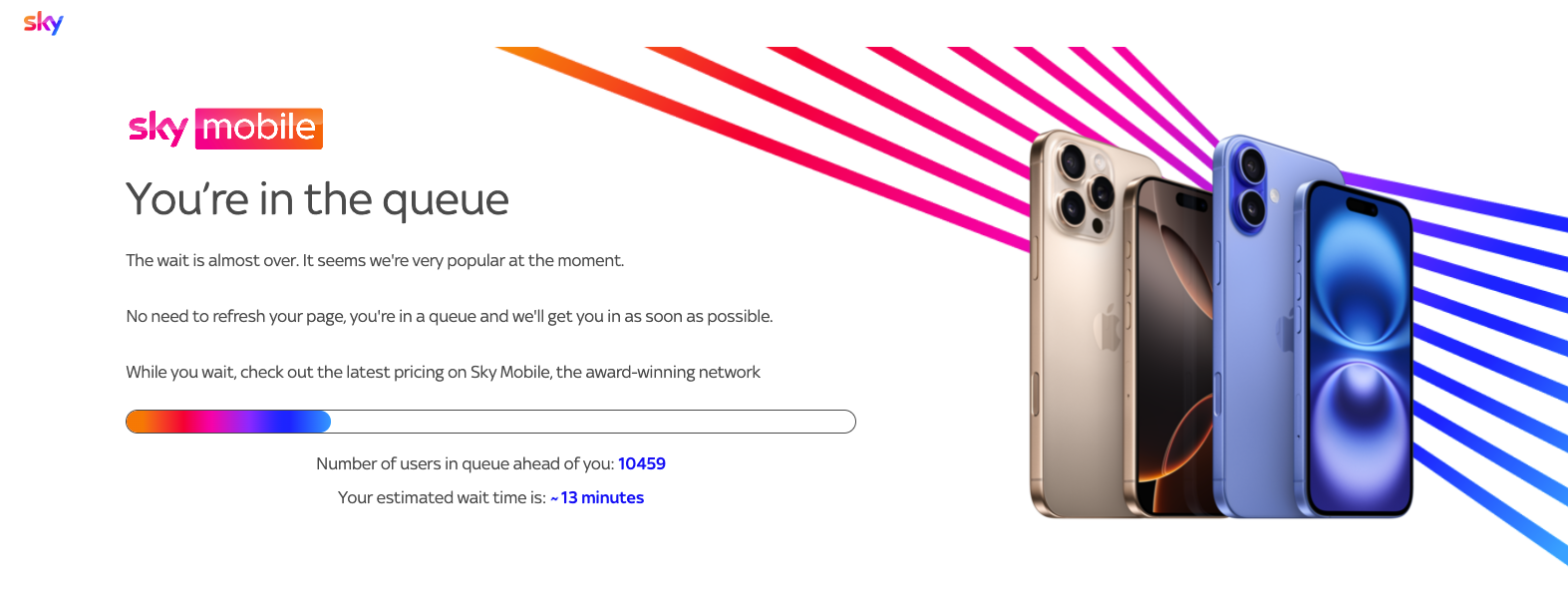 screenshot of the queue system on sky mobile for those trying to preorder an iPhone 16 and iphone 16 pro