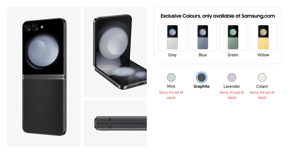 screenshot of the samsung store showing mint, lavender, and cream colours all sold out in the galaxy sale