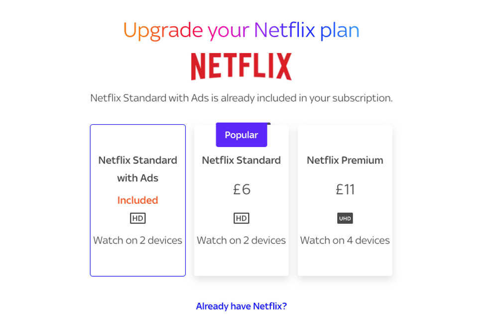 screenshot of the sky store checkout process showing the paid netflix upgrade