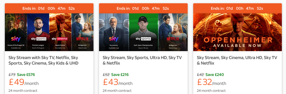 screenshot of the sky tv store with a countdown clock on each deal