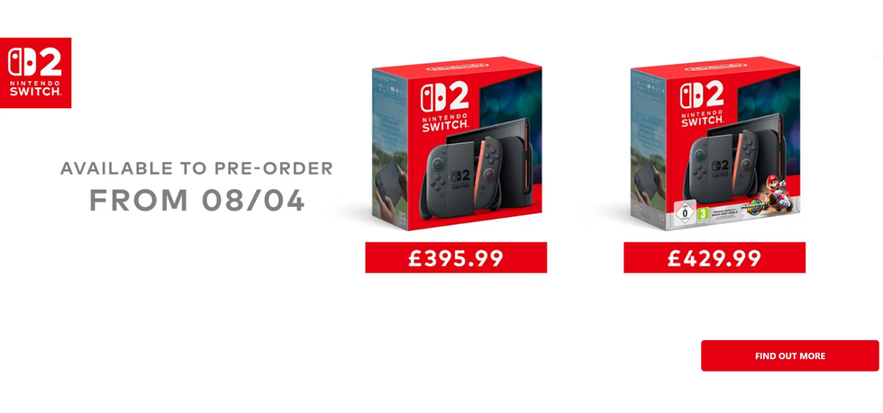 screenshot of the switch 2 preorder packages and price