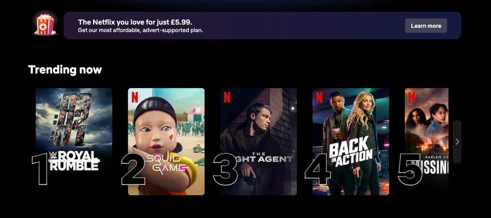 screenshot of the trending shows on netflix uk with the new price