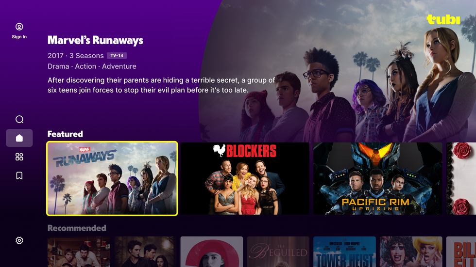 screenshot of the tubi interface in the UK with all of the shows available