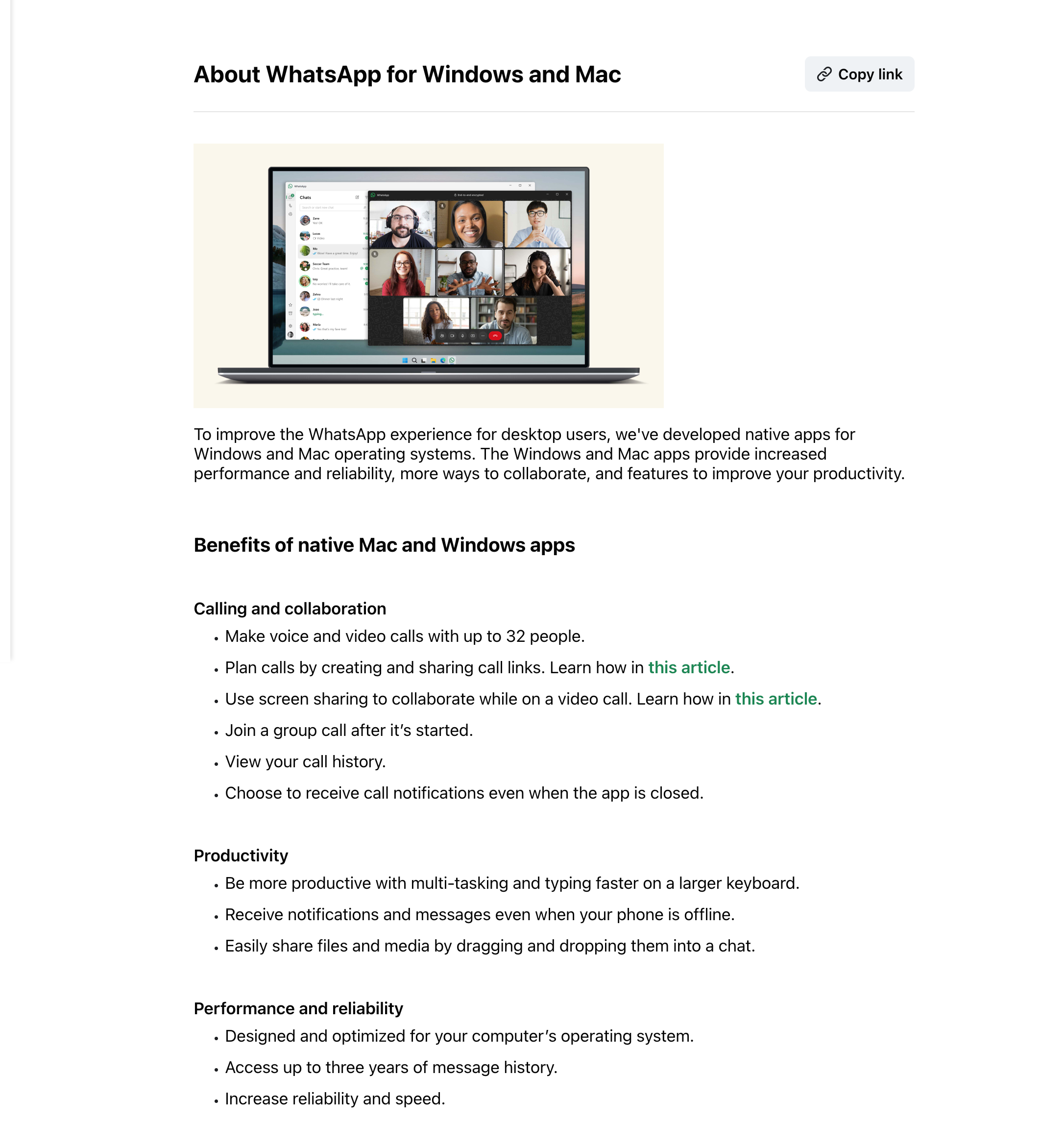 screenshot of the WhatsApp blog post discussing the benefits of its windows app