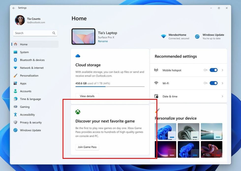 screenshot of the xbox game pass advert show in the settings menu for windows 11