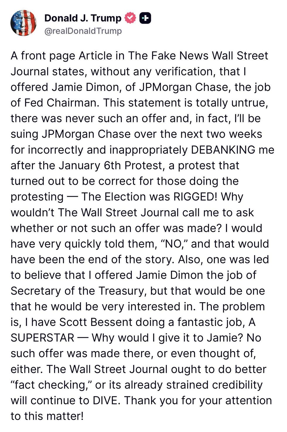 Screenshot of Truth Social post by Donald Trump