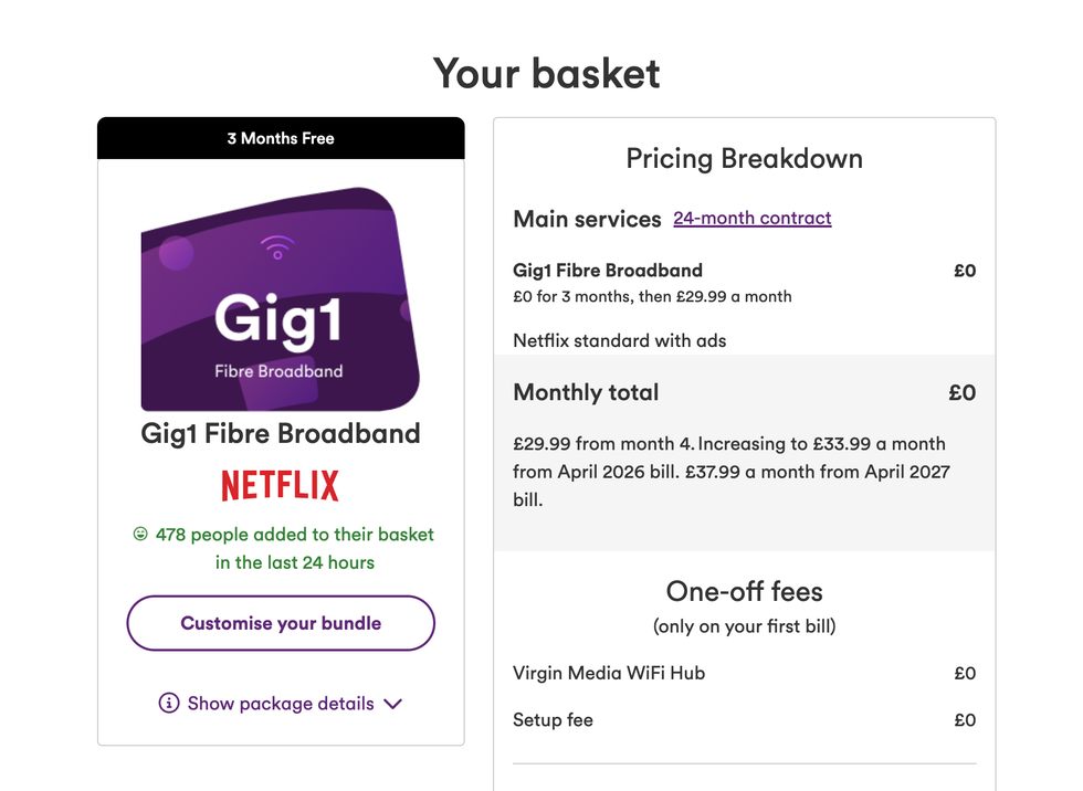screenshot of Virgin Media Gig1 broadband plan in the shopping basket