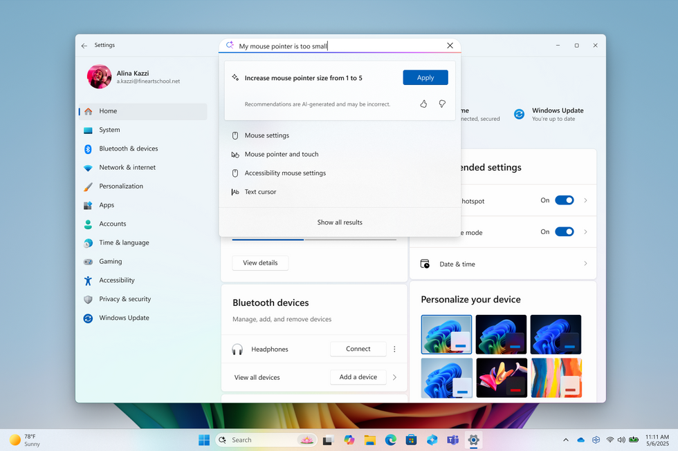 screenshot of Windows 11 showing the natural language search functionality built into the operating system when running on Copilot Plus PCs