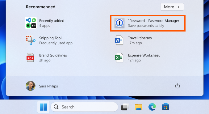 screenshot of windows 11 with an advert for 1password in the start menu