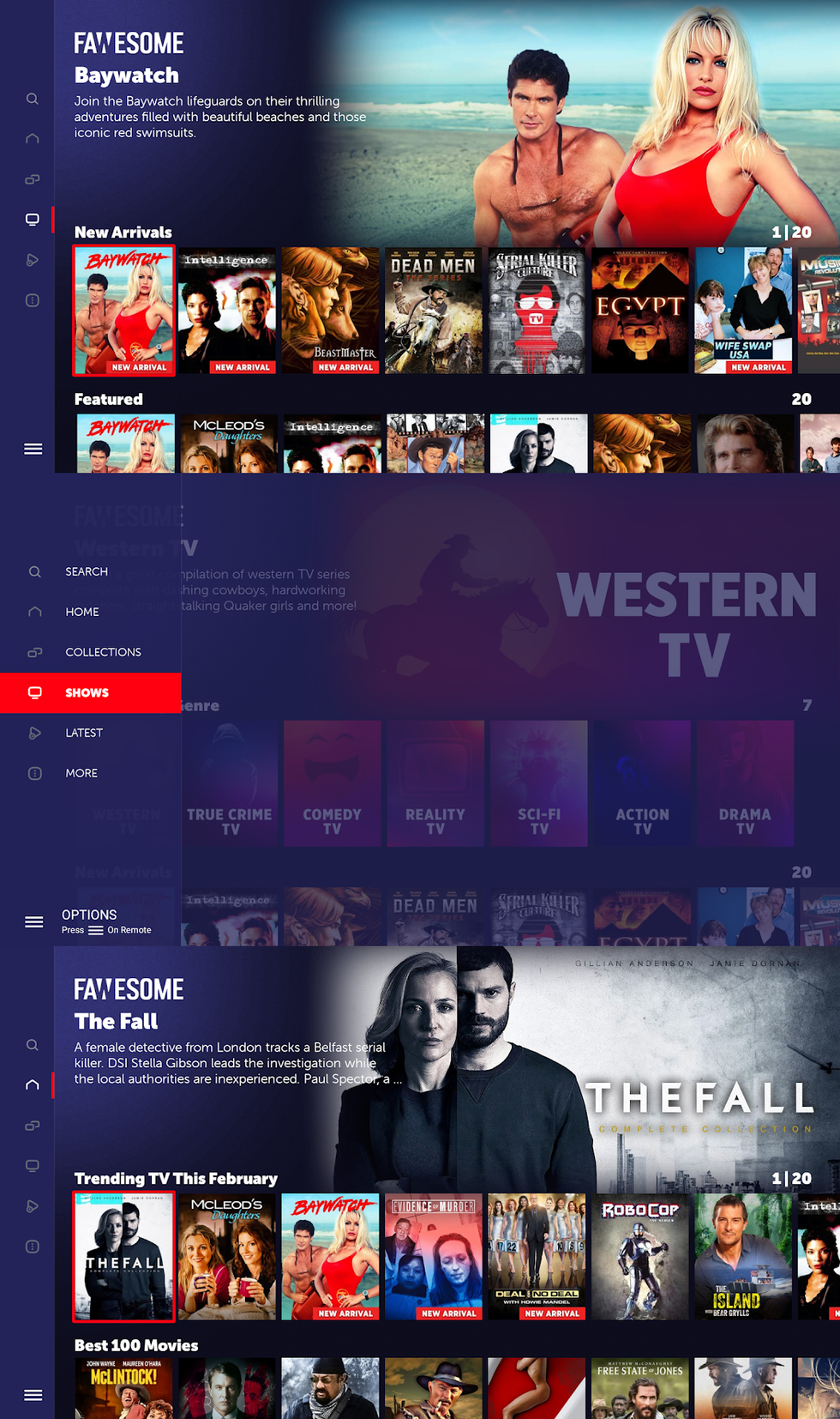 screenshots from the android tablet version of the fawesome streaming service showing tiles of shows available to watch for free on fire tv stick and roku