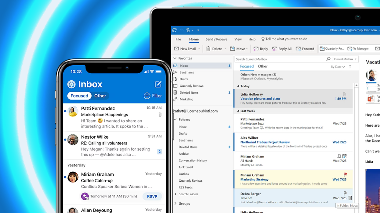 screenshots of outlook on an iphone and tablet with a blue background