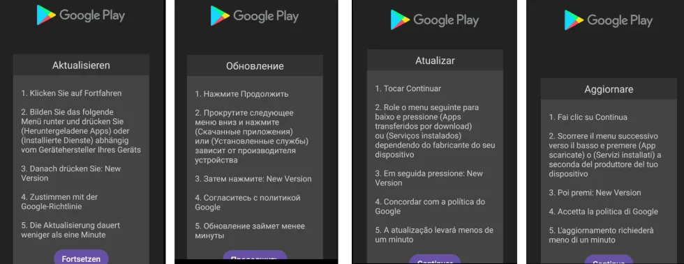 screenshots of the antidot banking trojan as a fake play store update in German, French, Spanish, Russian, Portuguese, and Romanian