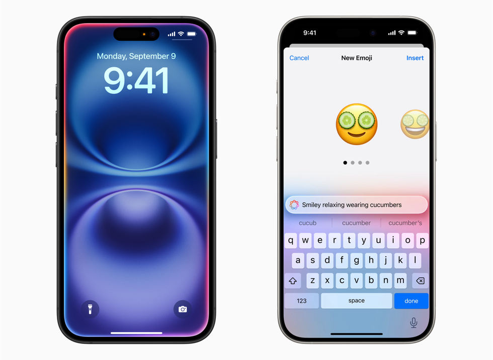 screenshots of the iphone showing the new siri animation and genmoji in action in ios 18.1 with apple intelligence