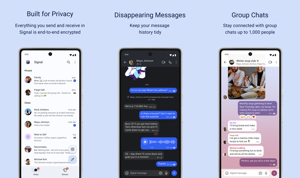 screenshots of the signal private messaging service on android showing the different functionality of the app