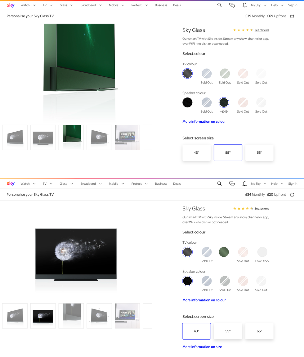 screenshots of the sky store with sold out colours