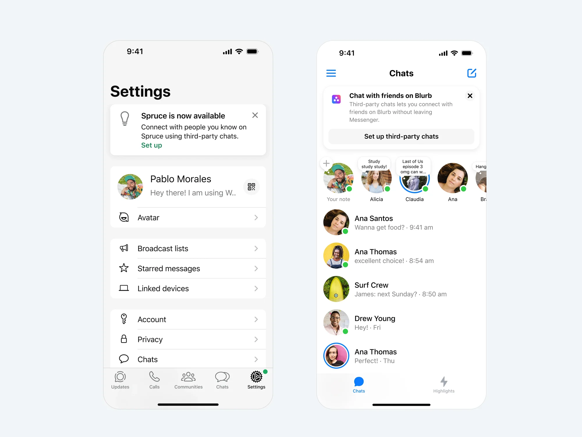 screenshots of whatsapp and messenger showing the integration with both apps