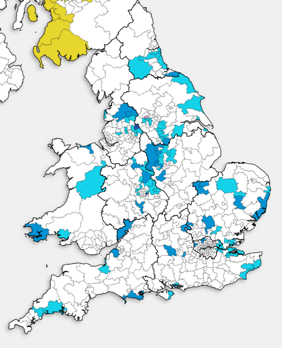 Seats that would change if an election was held tomorrow according to the Nowcast model